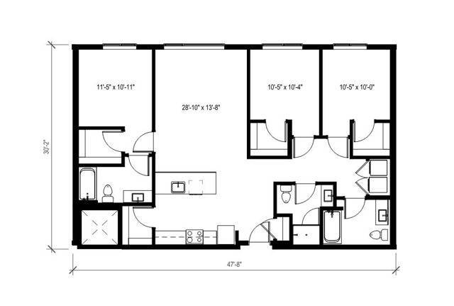 Three Bedroom Two Bath - 1361 422 floor plan